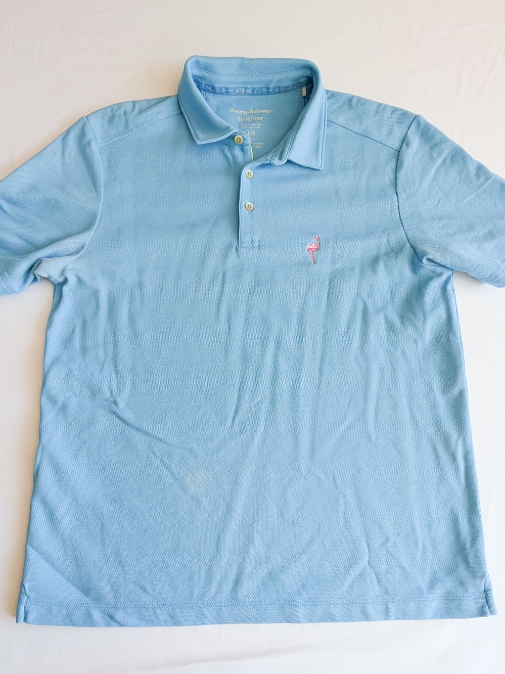 Tommy Bahama IslandZone Supima Cotton Blue Polo Shirt L Embroidered Flamingo 🦩